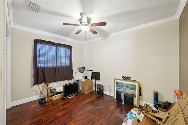 misc room featuring dark hardwood / wood-style flooring, ornamental molding, and a textured ceiling