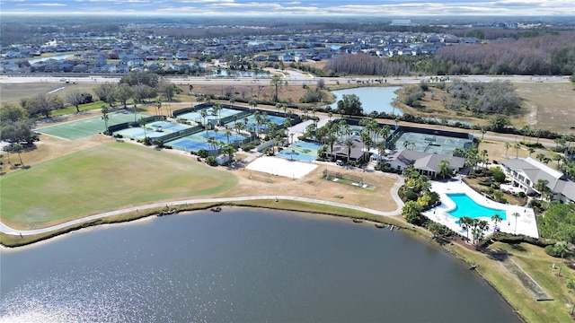 drone / aerial view with a water view