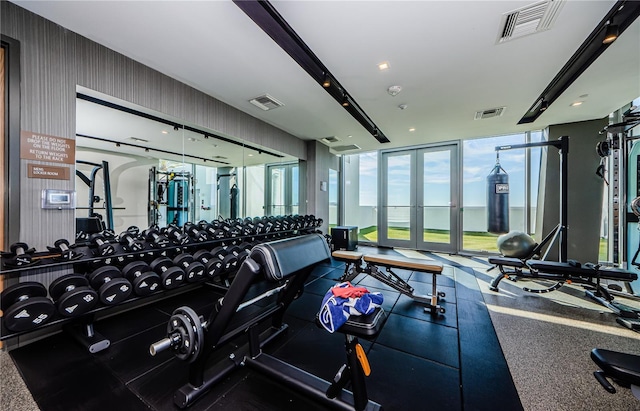 workout area with floor to ceiling windows and french doors