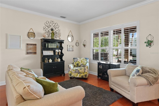 living room with crown molding and dark wood-type flooring