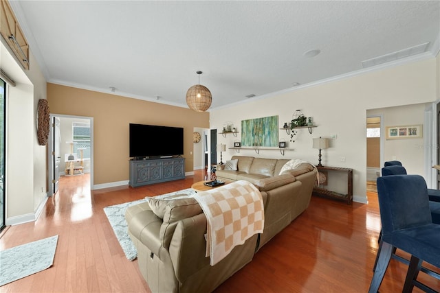 living room featuring ornamental molding and light hardwood / wood-style flooring