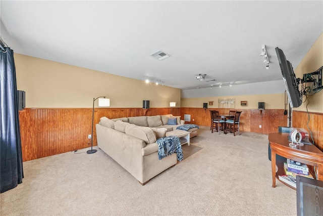 carpeted living room with wooden walls and rail lighting