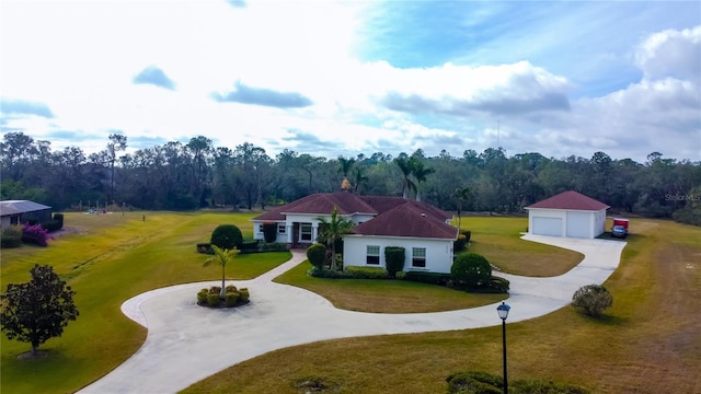 birds eye view of property with a forest view