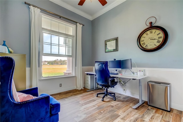 office space with ceiling fan, ornamental molding, wood finished floors, and baseboards