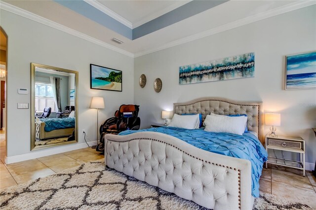 tiled bedroom featuring arched walkways, ornamental molding, visible vents, and baseboards