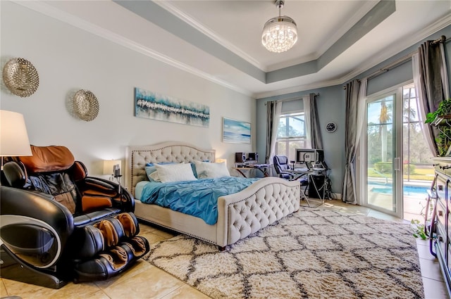 tiled bedroom featuring ornamental molding, an inviting chandelier, a raised ceiling, and access to exterior