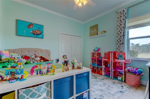 rec room featuring ornamental molding and ceiling fan