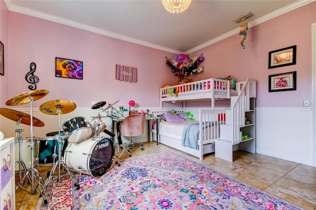 tiled bedroom with ornamental molding and visible vents