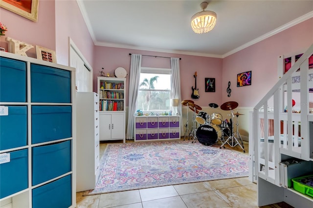 tiled bedroom featuring crown molding