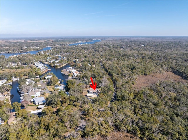 aerial view featuring a water view and a wooded view