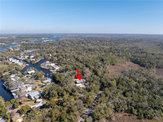 drone / aerial view featuring a water view and a view of trees