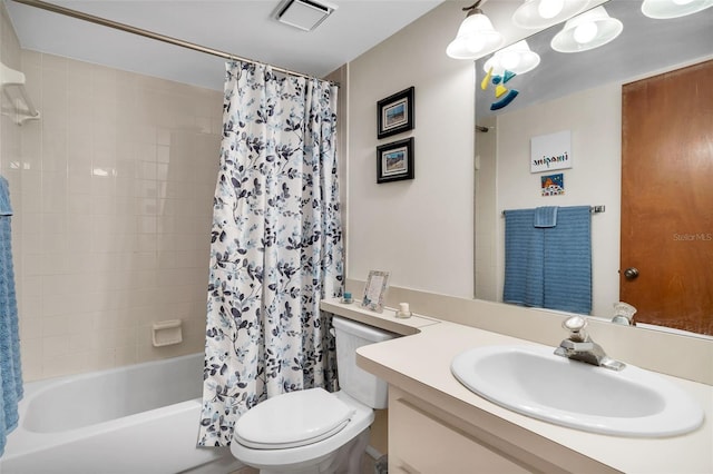 full bathroom with toilet, shower / bath combination with curtain, and vanity