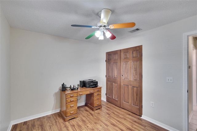 office area featuring ceiling fan, a textured ceiling, and light hardwood / wood-style flooring