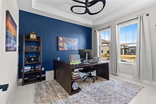 14215 Swiss Bridge Dr, Riverview, FL 33579 - office area featuring marble finish floors, ornamental molding, a ceiling fan, and a raised ceiling