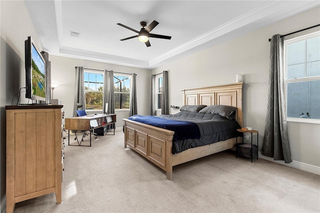 14215 Swiss Bridge Dr, Riverview, FL 33579 - bedroom with a tray ceiling, light carpet, and ceiling fan