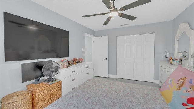 bedroom featuring a closet and ceiling fan