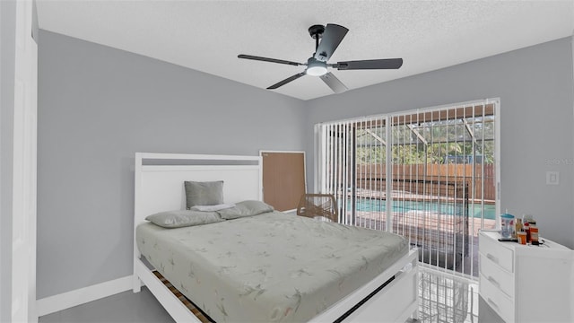 bedroom featuring ceiling fan, access to outside, and a textured ceiling