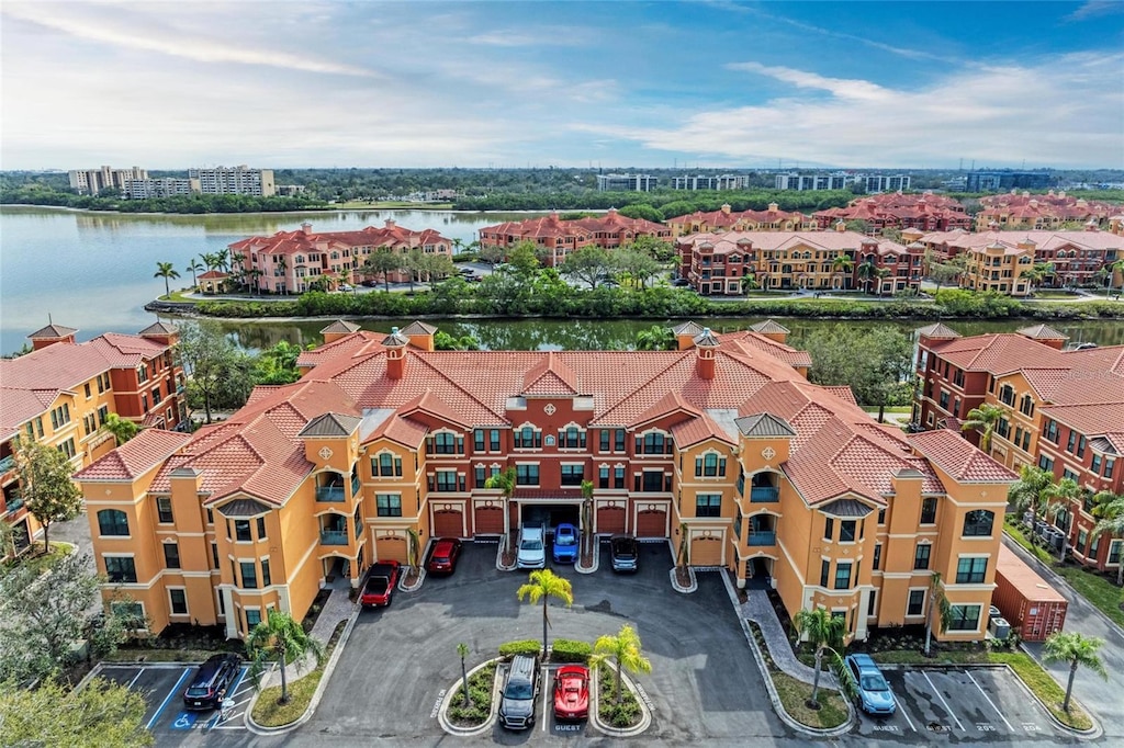 drone / aerial view with a water view