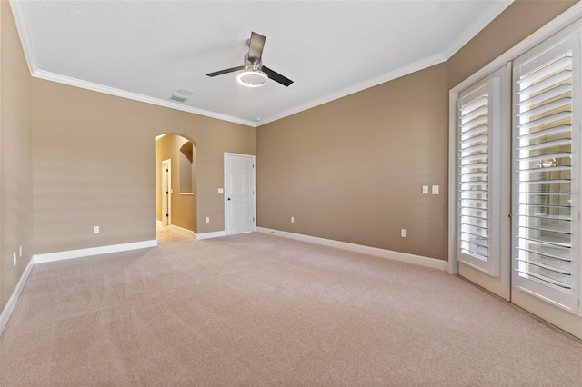 unfurnished bedroom with light colored carpet, access to outside, ornamental molding, and ceiling fan