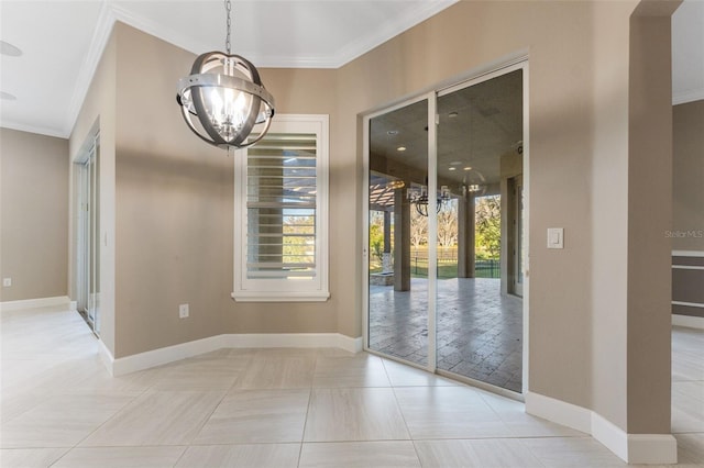 unfurnished dining area with a notable chandelier, light tile patterned floors, and ornamental molding