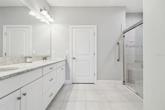 bathroom with double vanity, tile patterned flooring, a shower stall, and a sink