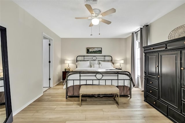 bedroom featuring ceiling fan and light wood-type flooring