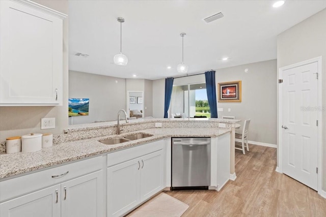 kitchen with white cabinetry, dishwasher, sink, and pendant lighting