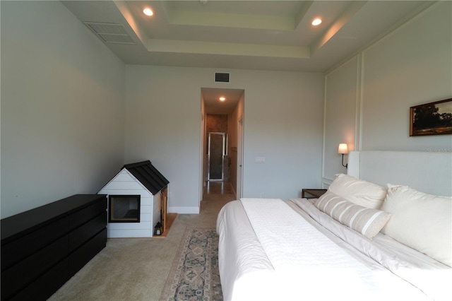 carpeted bedroom with a raised ceiling