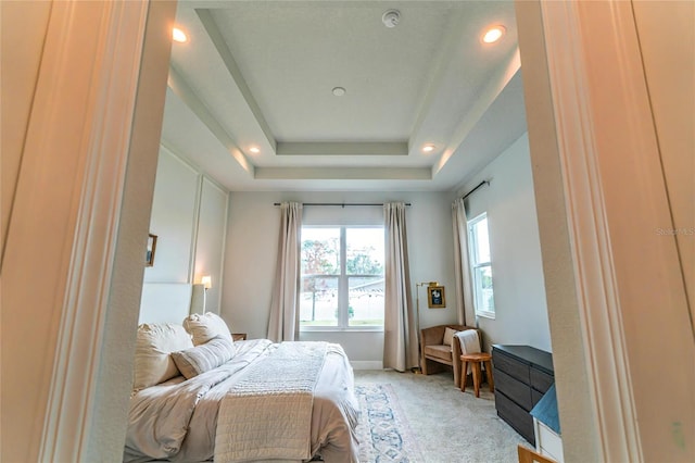 bedroom featuring light colored carpet and a raised ceiling