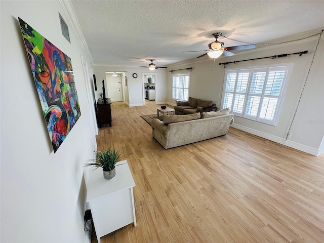 living room featuring crown molding, ceiling fan, light hardwood / wood-style floors, and a textured ceiling