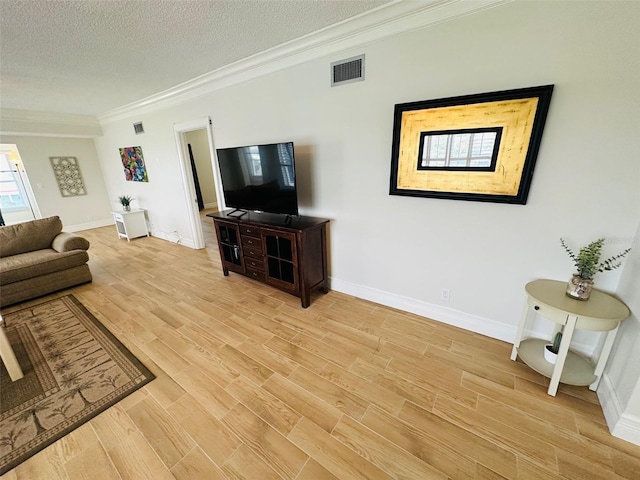 living room with crown molding, light hardwood / wood-style floors, and a textured ceiling