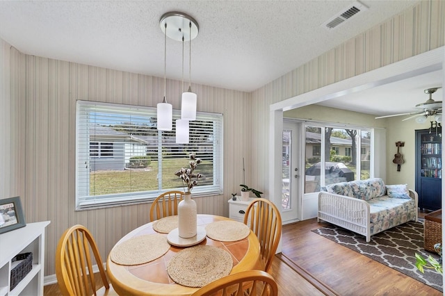 dining room with ceiling fan, dark hardwood / wood-style floors, and a textured ceiling