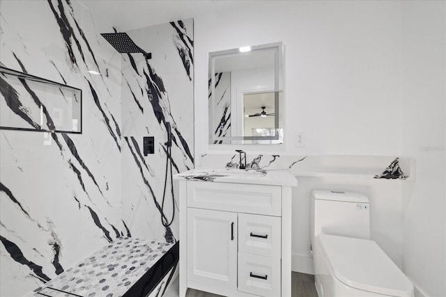 bathroom featuring vanity, toilet, and a shower