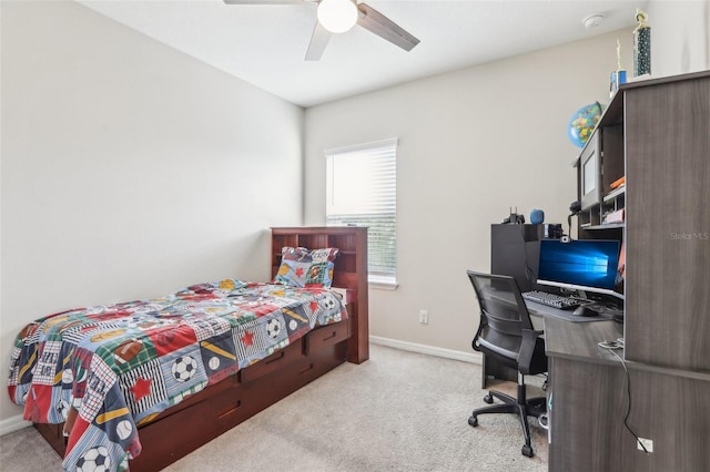 bedroom with light colored carpet and ceiling fan