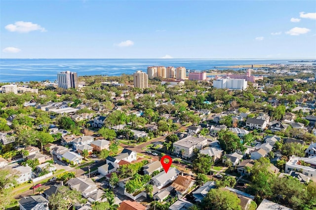 aerial view featuring a water view