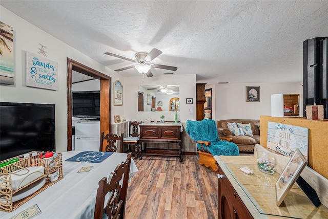 living room with wood-type flooring, ceiling fan, and a textured ceiling