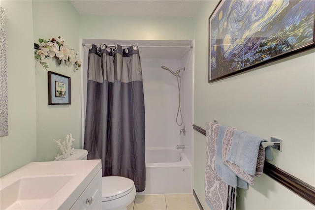 full bathroom featuring vanity, tile patterned floors, shower / bath combination with curtain, and toilet