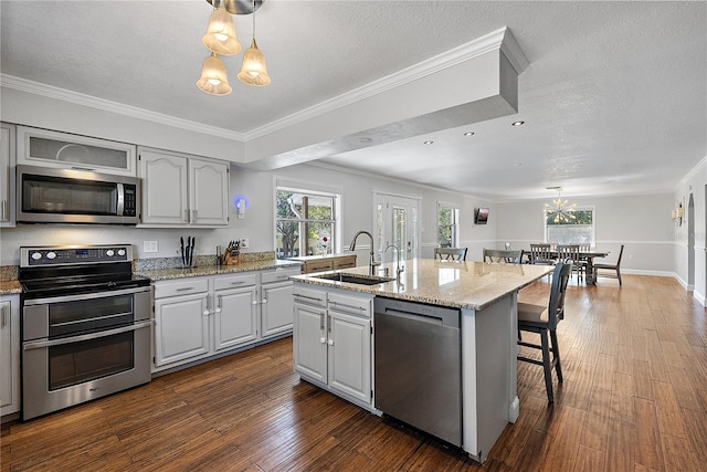 kitchen with appliances with stainless steel finishes, sink, a center island with sink, and an inviting chandelier