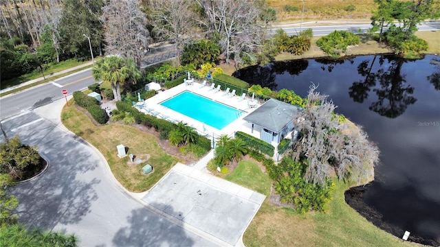 drone / aerial view with a water view