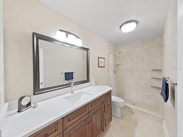 bathroom featuring tile patterned floors, vanity, toilet, and a shower with shower curtain