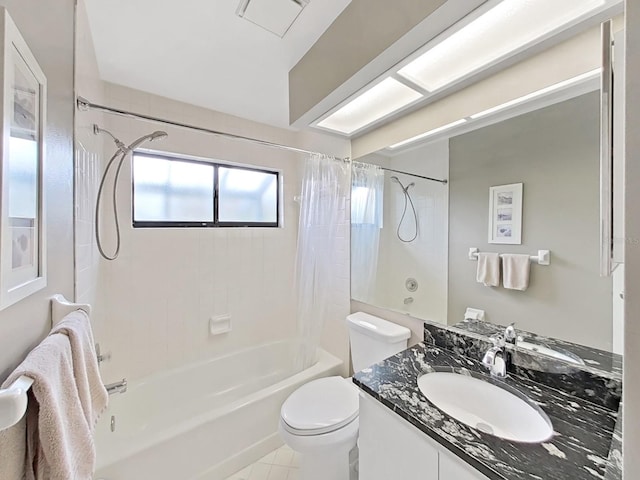 full bathroom with shower / bathtub combination with curtain, vanity, tile patterned flooring, and toilet