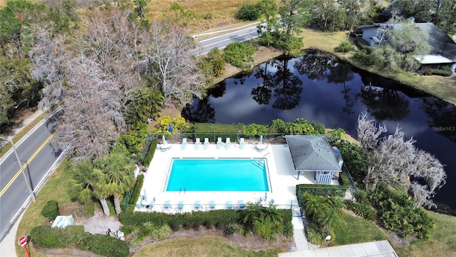 drone / aerial view featuring a water view