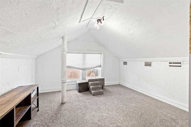 additional living space with lofted ceiling, carpet, and a textured ceiling