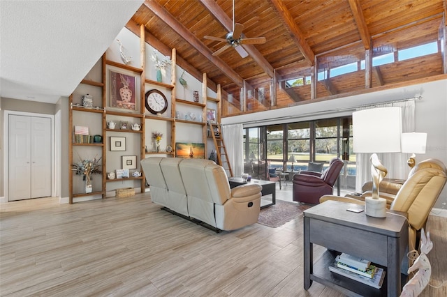 living room with wood ceiling, high vaulted ceiling, light hardwood / wood-style flooring, beamed ceiling, and ceiling fan