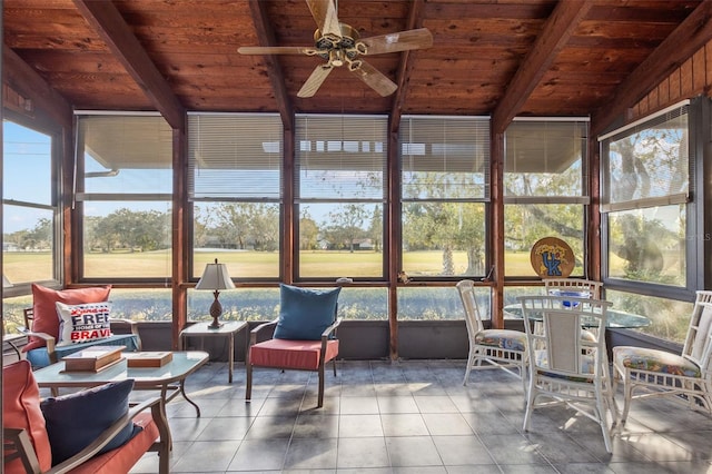 sunroom with a healthy amount of sunlight, vaulted ceiling with beams, wood ceiling, and ceiling fan