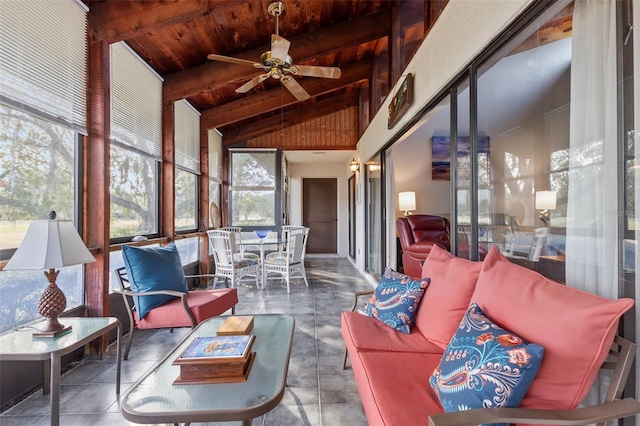 sunroom featuring ceiling fan, lofted ceiling with beams, and wooden ceiling