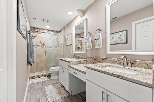 bathroom with a shower with door, vanity, and toilet