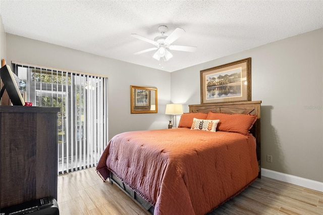 bedroom featuring ceiling fan, a textured ceiling, and light hardwood / wood-style flooring