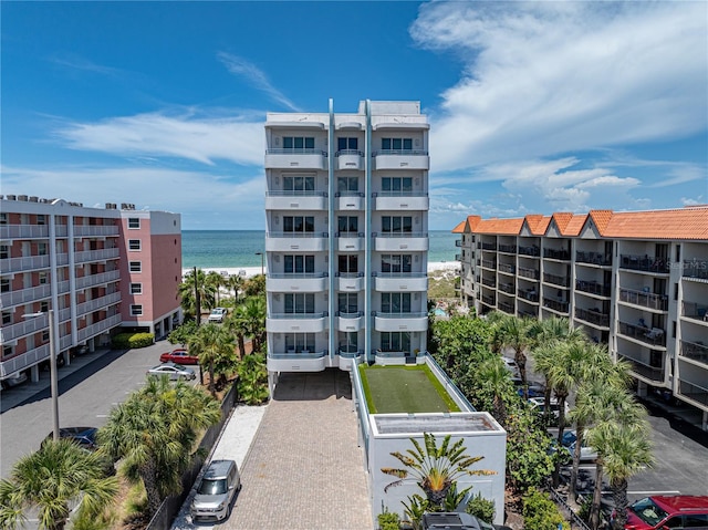 view of building exterior featuring a water view