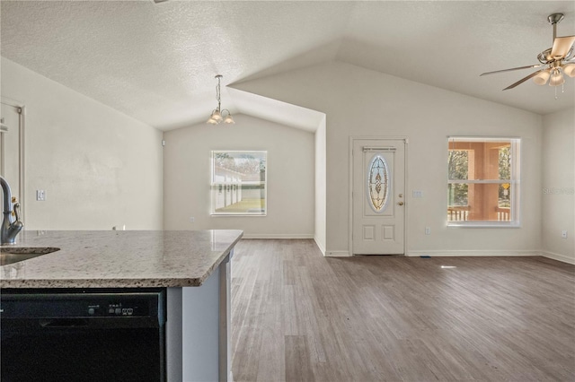 kitchen featuring lofted ceiling, black dishwasher, wood-type flooring, a textured ceiling, and decorative light fixtures